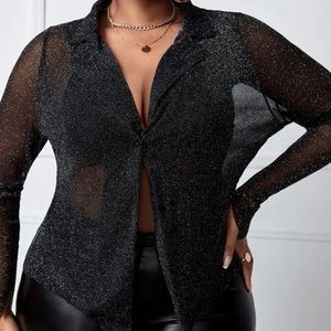 Lapel Neck Sheer Glitter Shirt